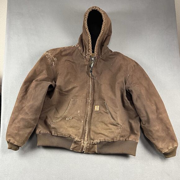 Carhartt Jacket Mens 2XL Brown Hooded Full Zip Up Canvas Quilt Lined Workwear - Picture 1 of 12
